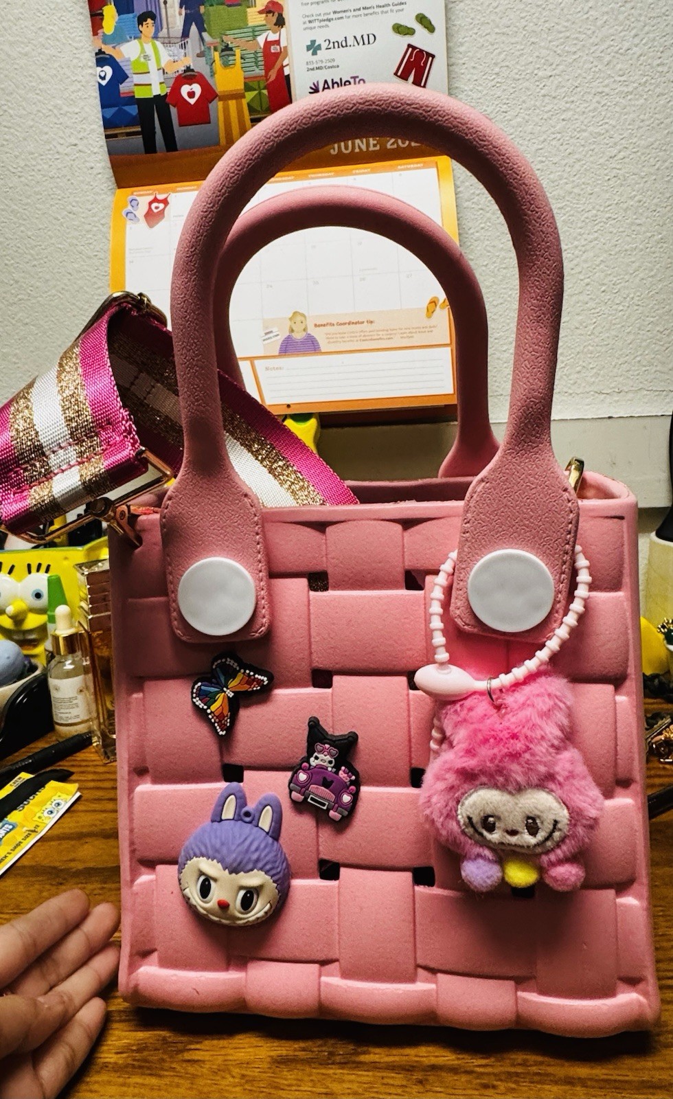 Pink Hello Kitty Small Tote Top Handle Detachable Strap with Charms