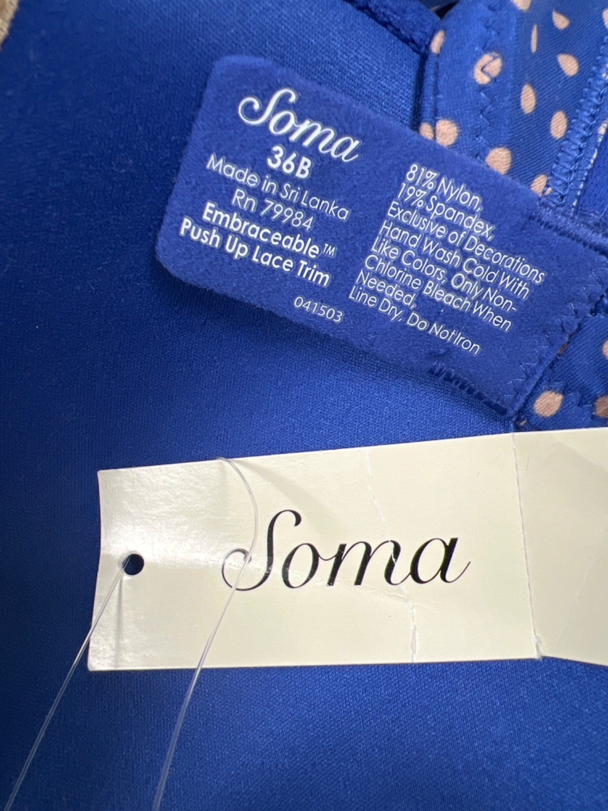 Soma Women’s Blue Polka Dot Lace Trim Push Up Bra – 36B