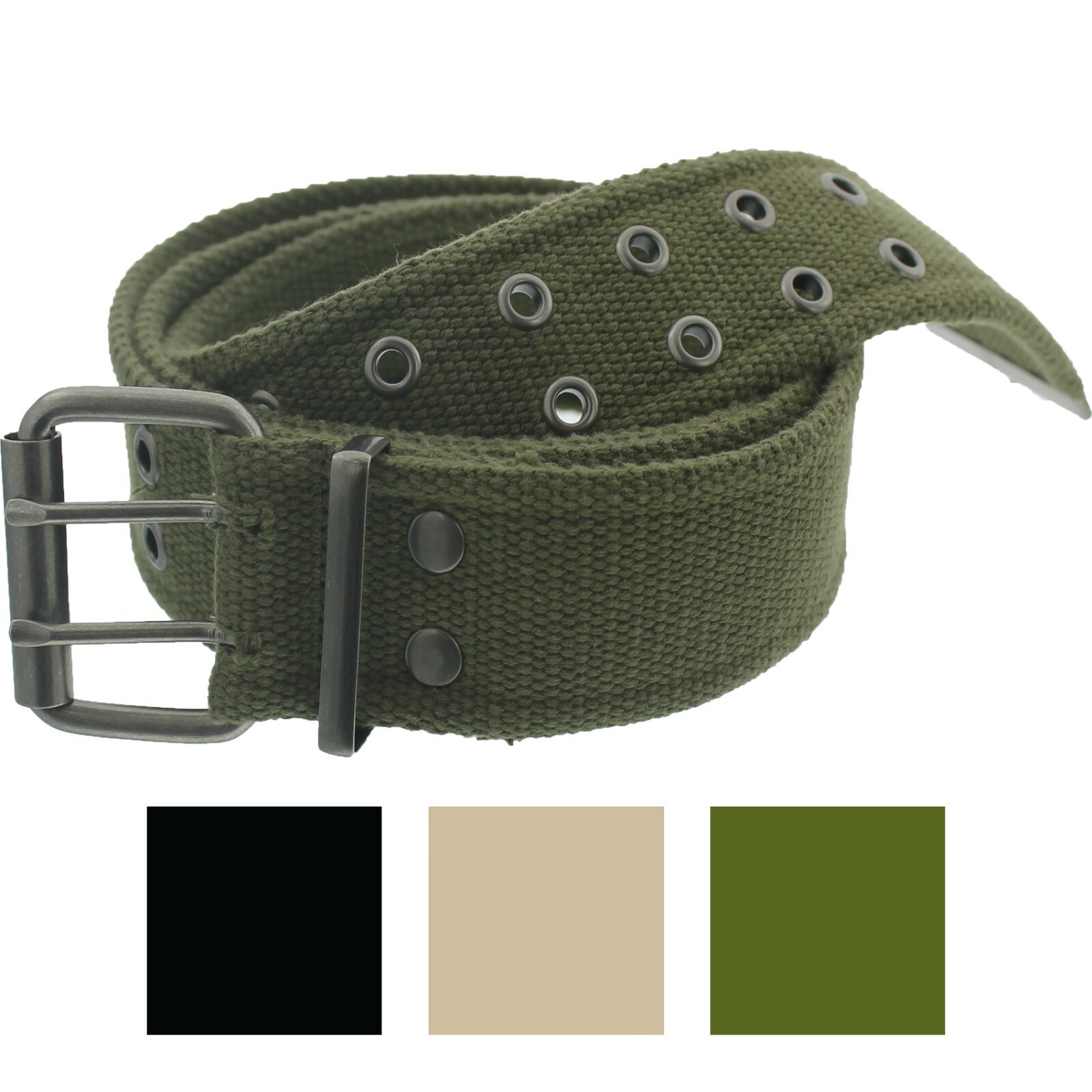 Military Double Prong Canvas Belt, Heavy Duty Army Pistol Grommet Two Hole 1.75″