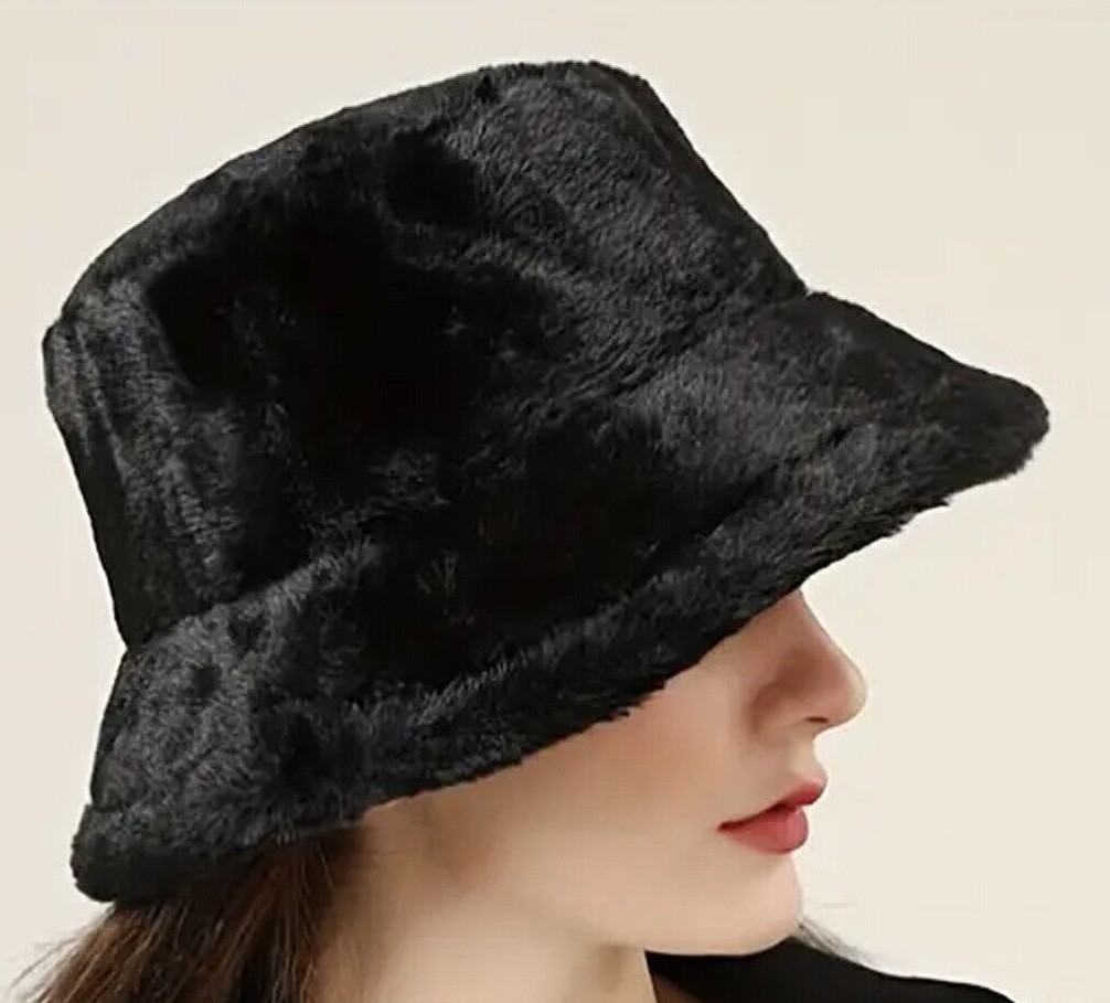 Soft Women Plush Cute Winter Bucket Hat Wide Brim Fluffy Fisherman Faux Fur Cap