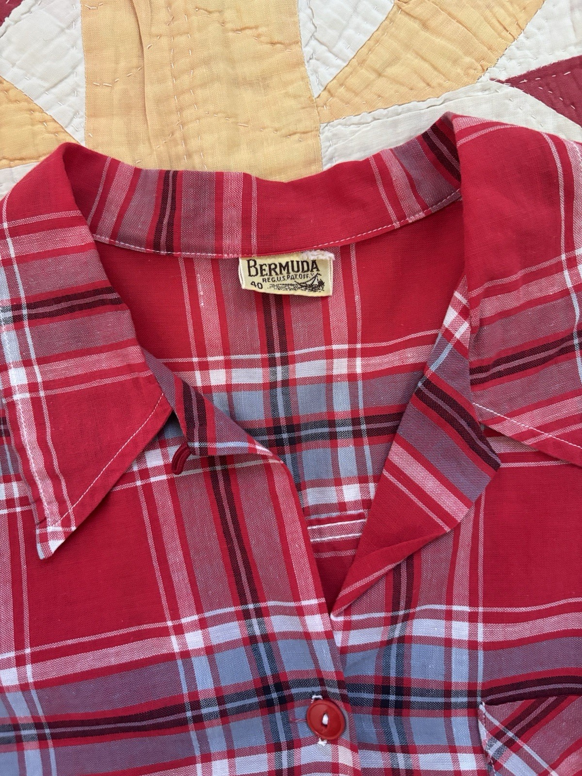Vintage 40s 50s Bermuda Womens Plaid Open Collar Shirt Loop Collar Size 40
