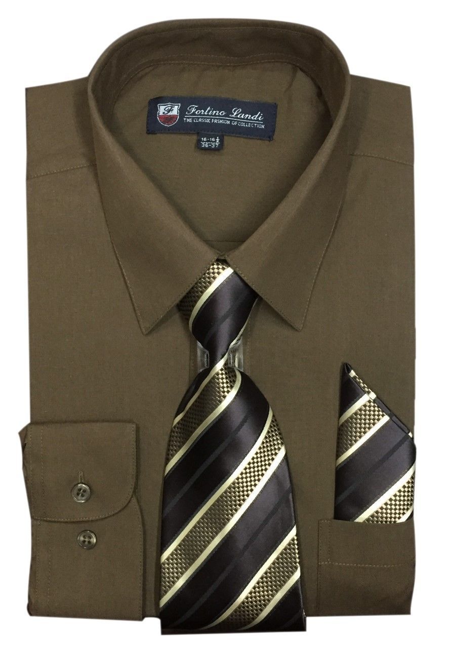 Men’s Cotton Blend Dress Shirt with Tie and Handkerchief in 22 different colors