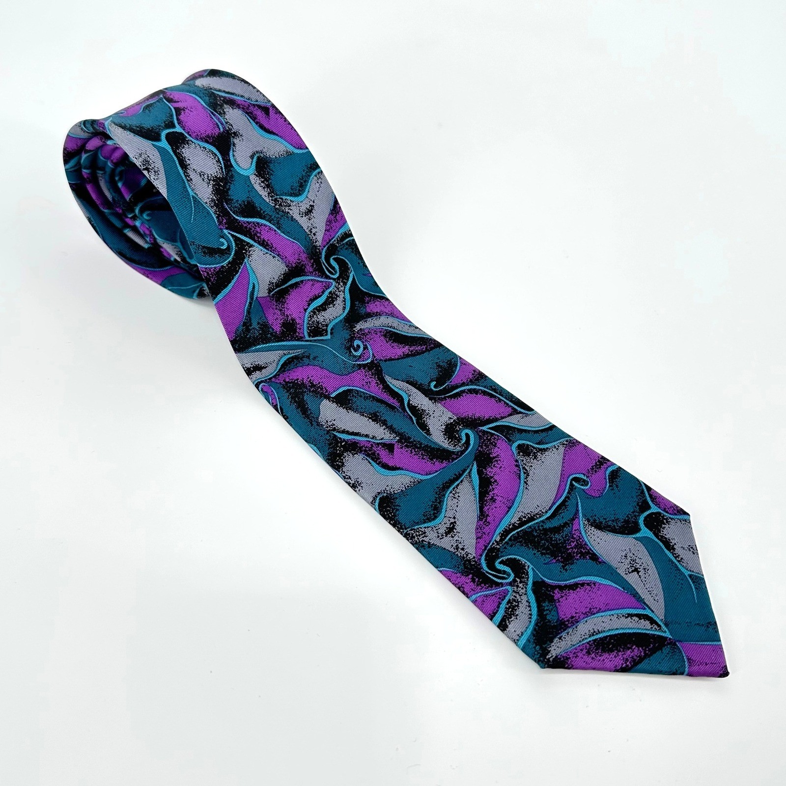 Vintage Chaps Ralph Lauren Mens 100% Silk Tie Abstract Swirl Purple Teal Gray
