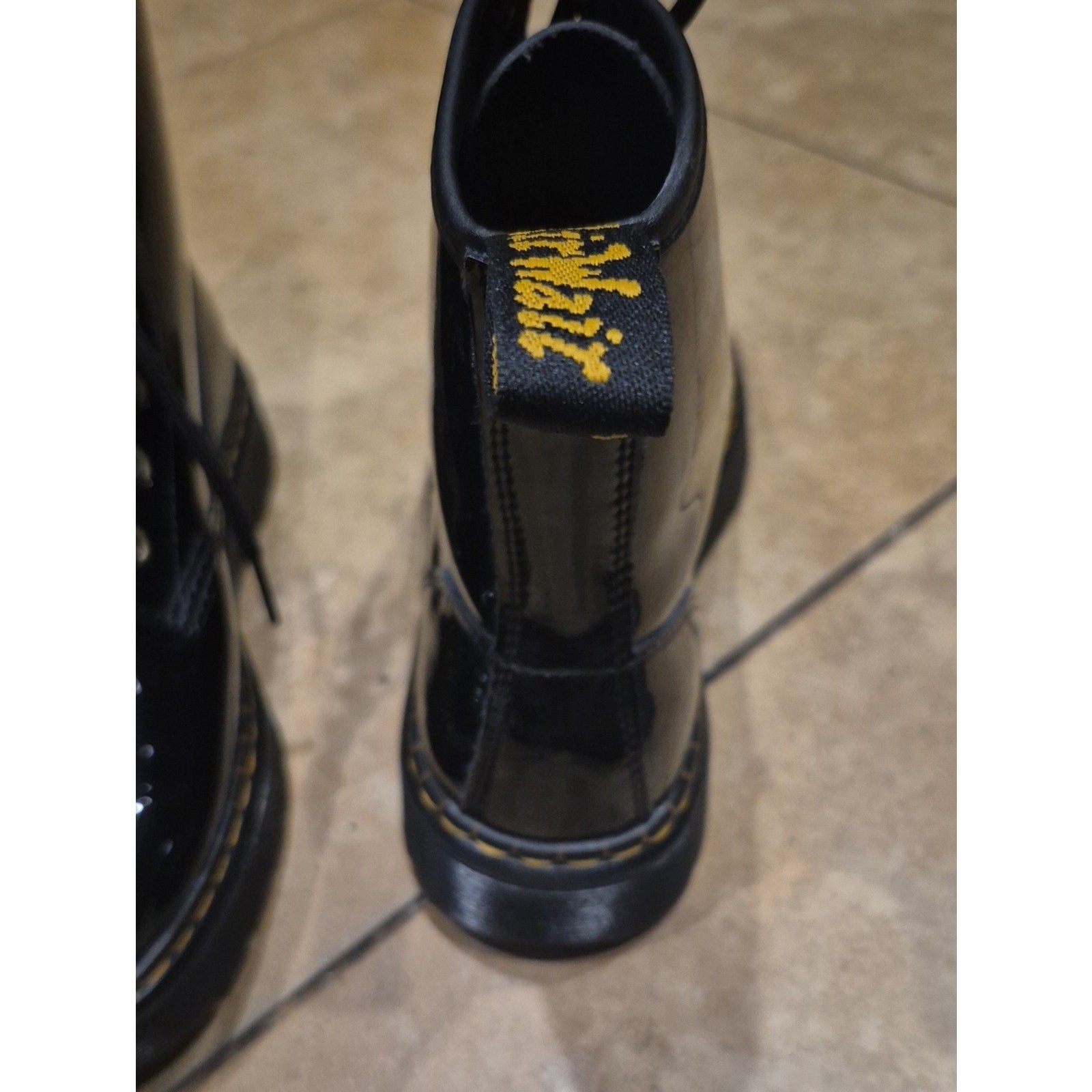 Dr. Martens Black Patent Leather Lace-Up Boots with Yellow Stitching