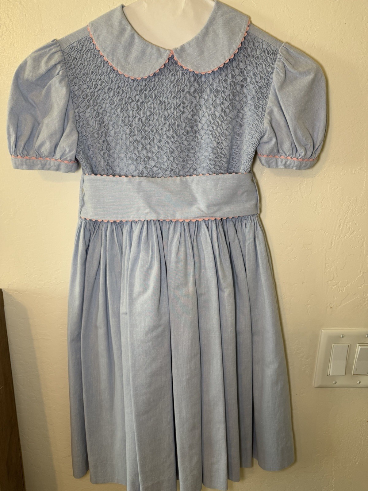 Vintage Bois de Rose Smocked Blue Dress Peter Pan Collar Size 7 Girls