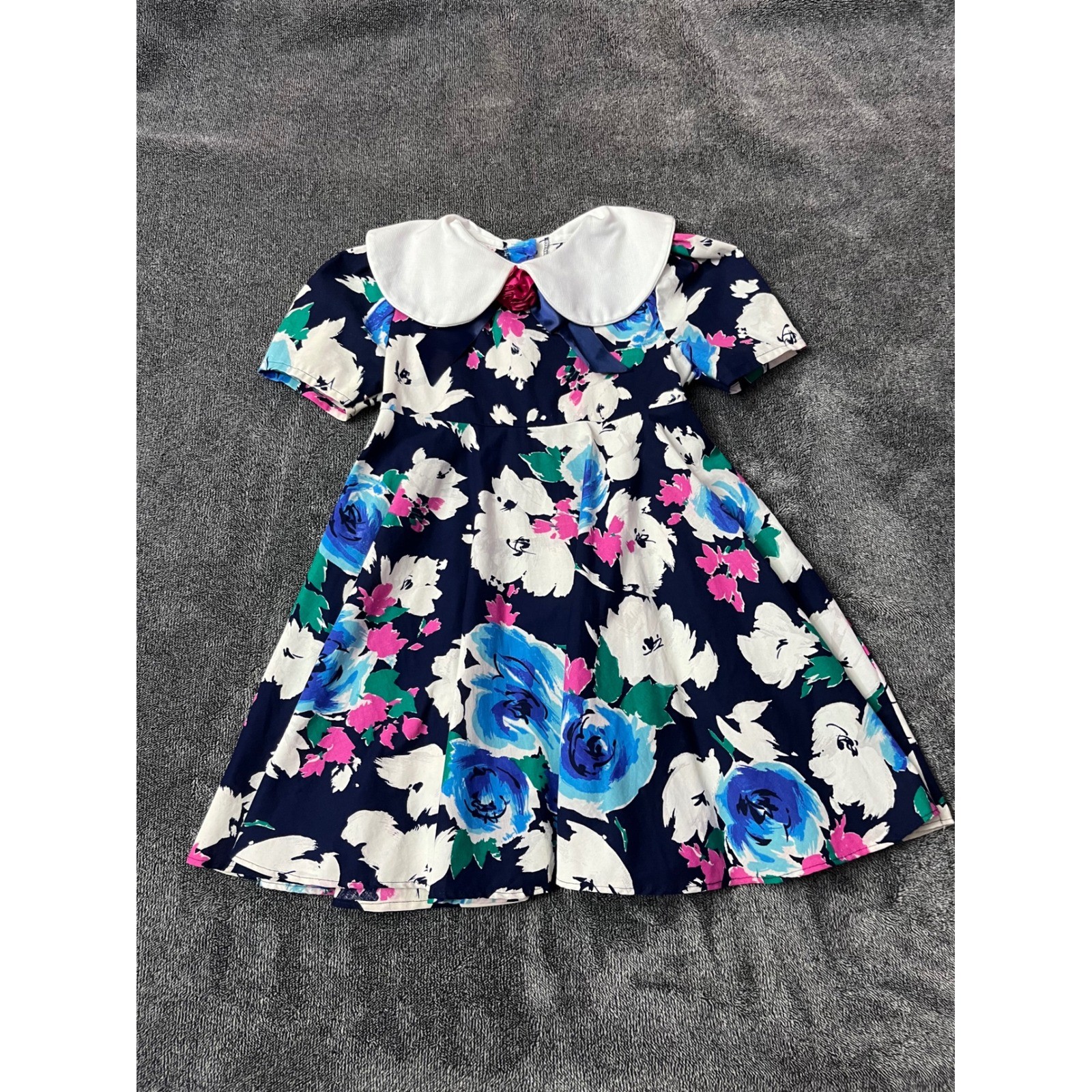 Vintage Roget Ltd Girls Navy Blue Floral Peter Pan Collar Dress Size 6
