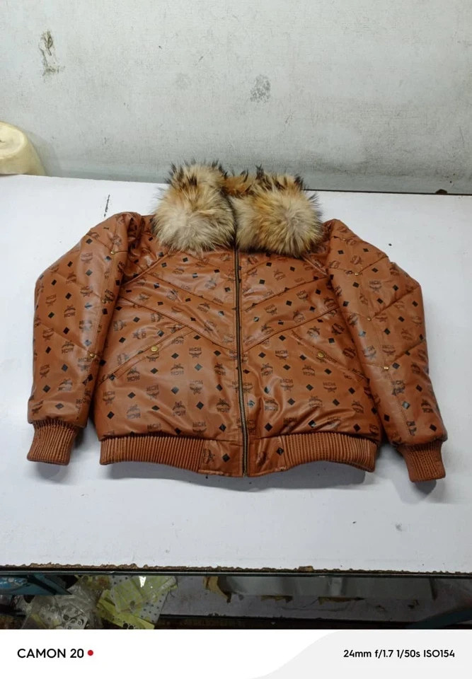 MCM Cognac Monogram Leather Puffer Jacket w/ Fur Collar + Matching Hat