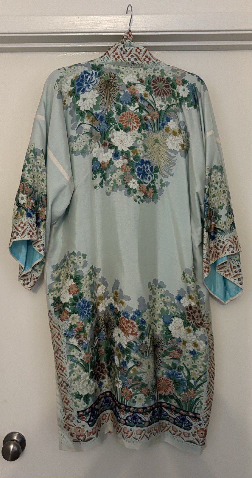 100% Silk Robe Made In Japan Pale Blue, Floral With a Pale Aqua Lining. One Size
