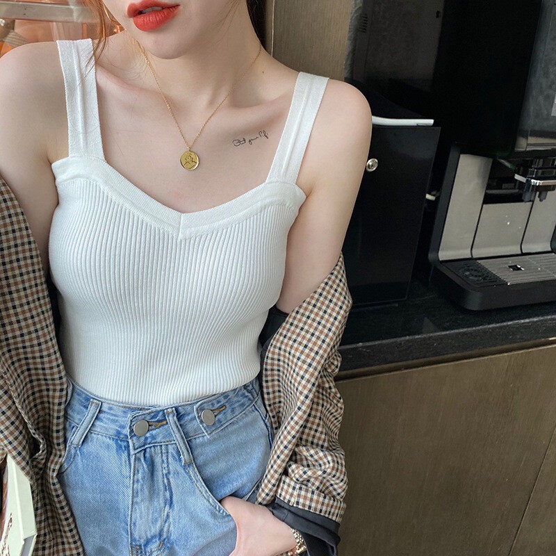 Women’s Fashion Elegant Knitted Camisole Bottoming Undershirt White Casual Tops