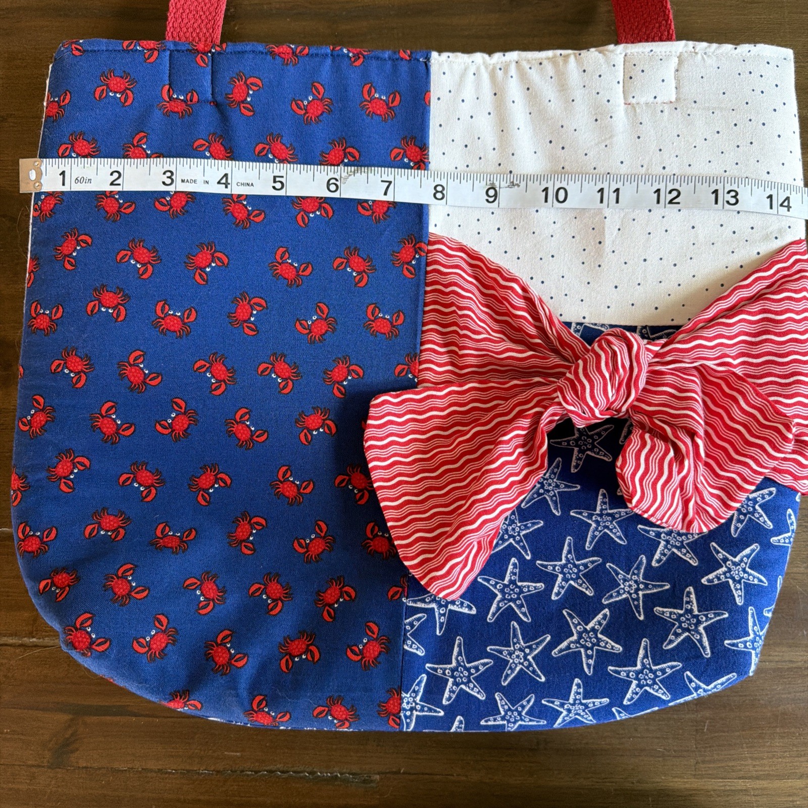 Handmade Patriotic Nautical Handbag Tote Red White Blue Starfish Crab Stripe Bow