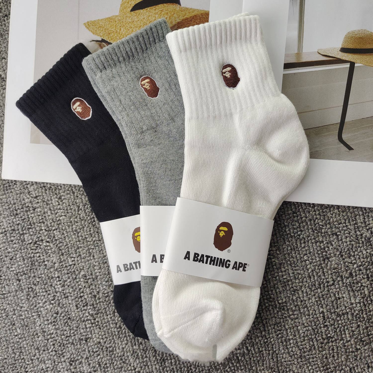 BAPE A Bathing Ape Head Embroidered Crew Socks – 3pcs
