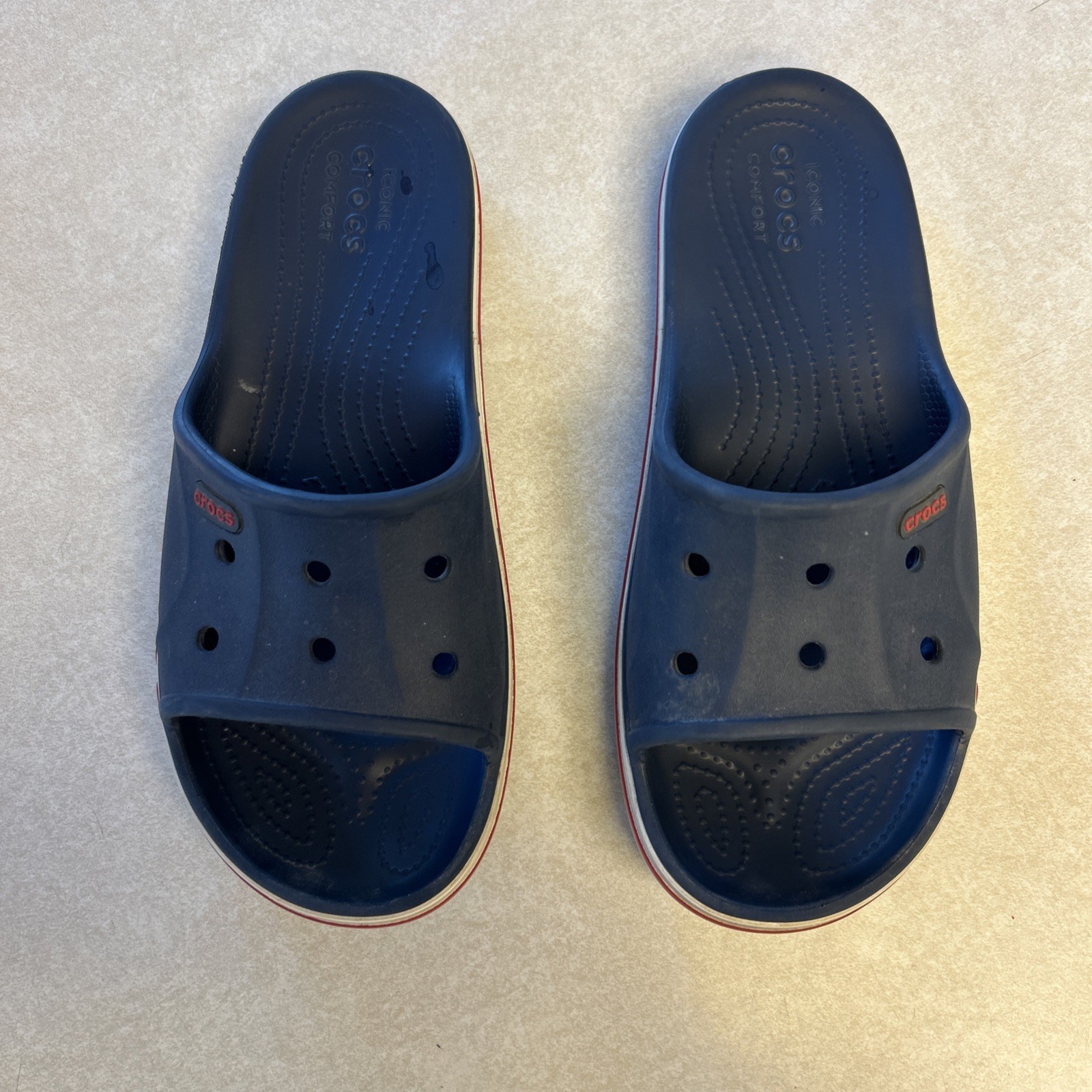 Crocs Bayaband Navy Blue Red White Slip-On Slide Sandals Womens Size 9 Mens 7