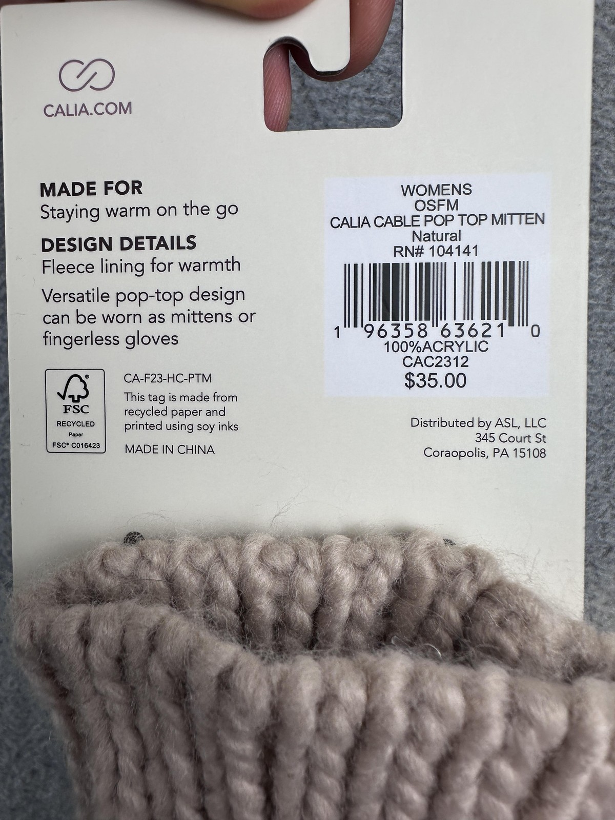 Calia Cable Pop Top Mittens Womens One Size Beige Convertible OSFM NWT