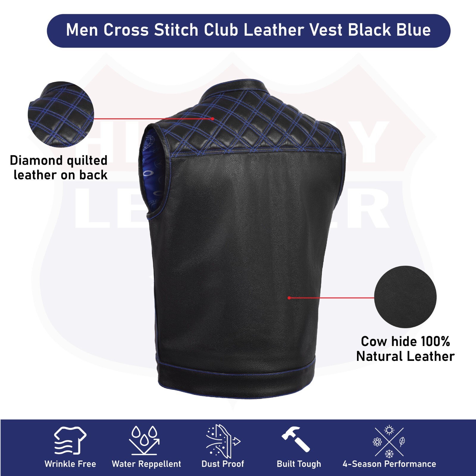 BLUE HL11693SPTBLUE Black Men Cross Stitch Club Leather Vest