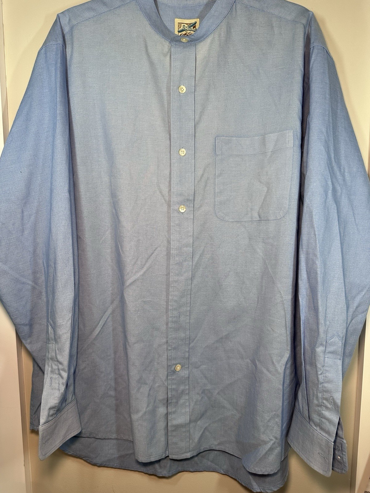 TravelSmith Regular Fit Blue Solid Poly/Cotton Band Collar Dress Shirt L