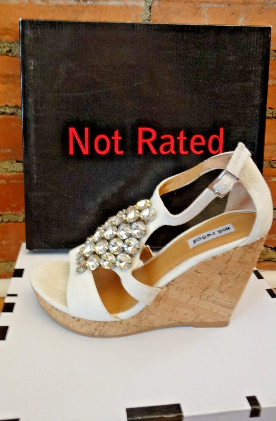 Not Rated Treasure Chest Cream Rhinestone Wedge Sandals 6.5M w Box