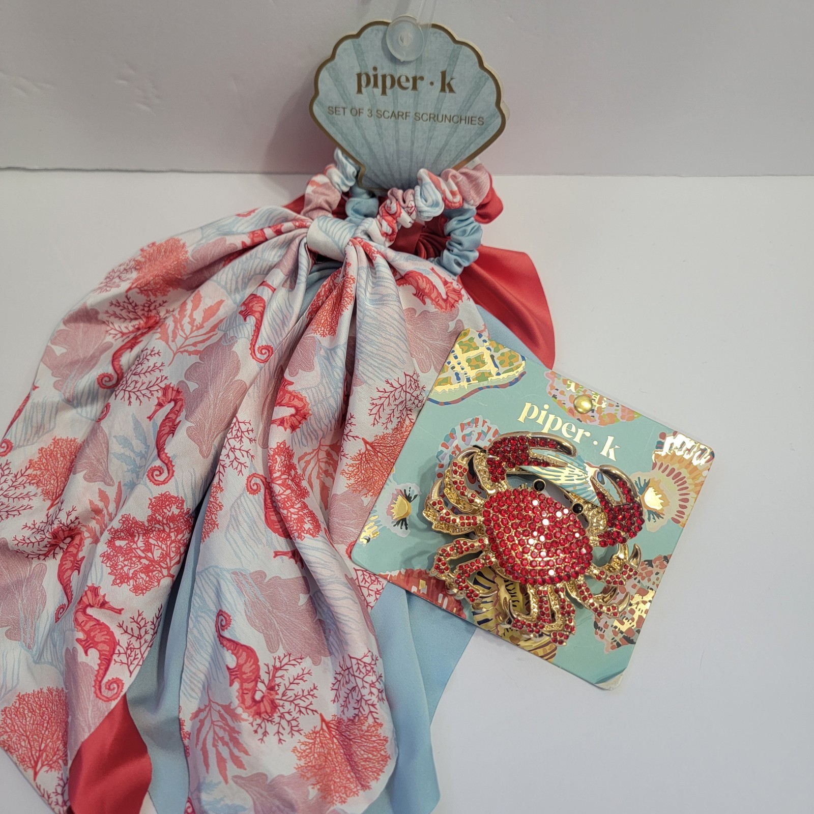 Piper K Coastal Scarf and Rhinestone CRAB Gold Hair Claw Clip Nautical SEA LIFE