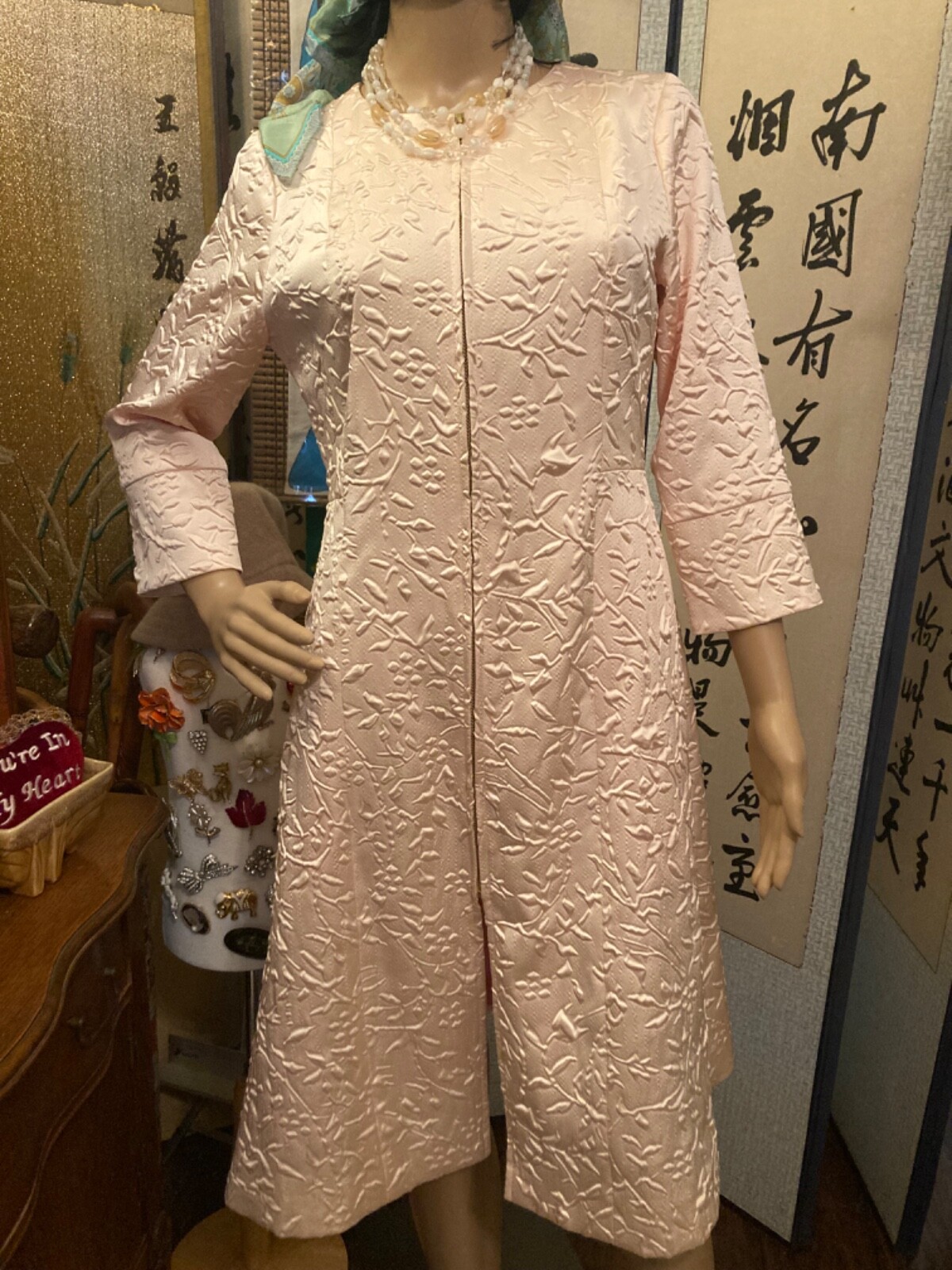 Linger Ln NYC Rose Brocade Coat House Coat pink Blush XS