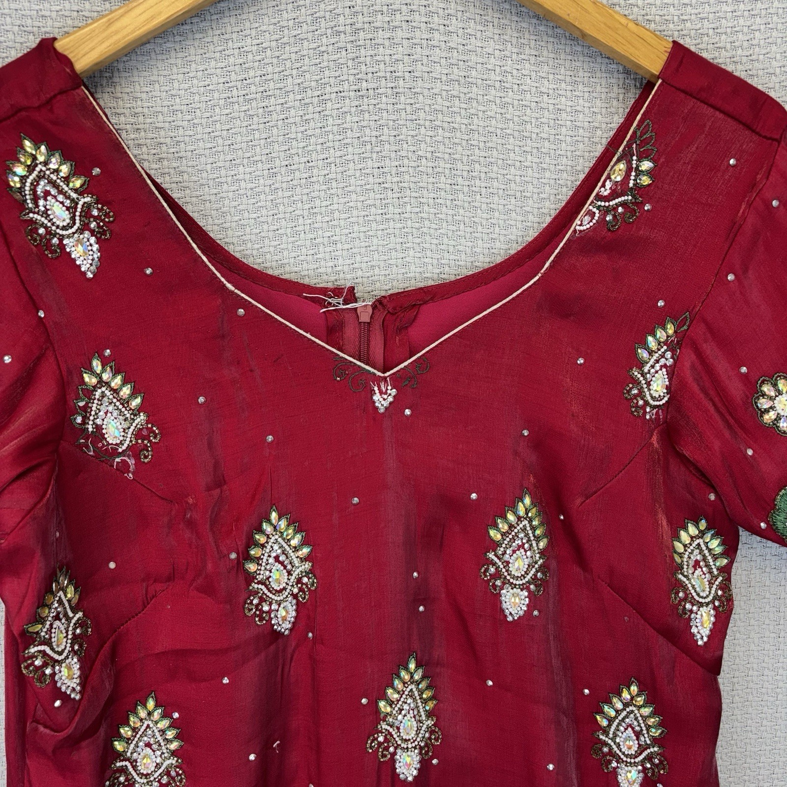 Indian Pakistani Women’s Red Heavily Beaded Kurti Kurta Tunic Dress S 4 Wedding