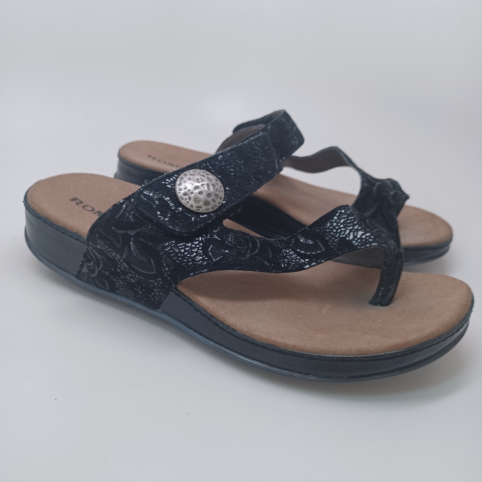 Romika Sandals Black Velvet Leather Comfort Wedge Germany Womens 38 or US 7.5