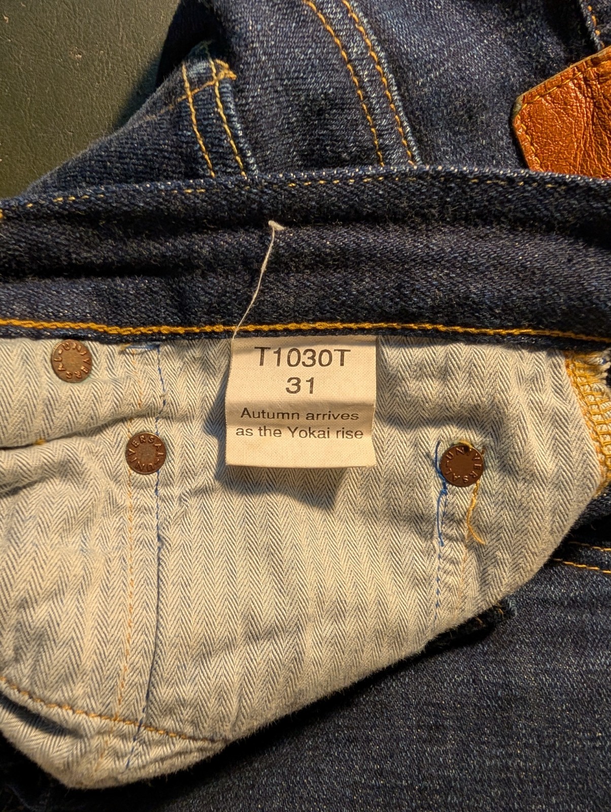 Tanuki Denim Selvedge Jeans – Slim fit, low rise, button fly.