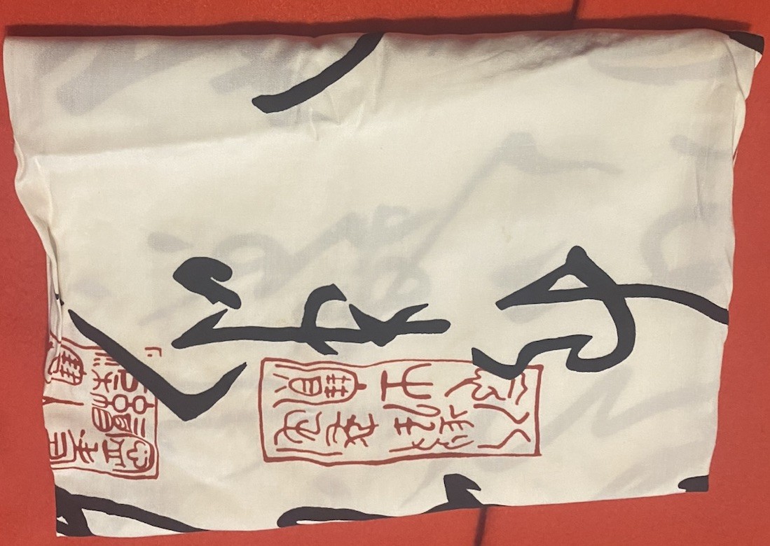 Van Klee Silk Scarf with Abstract Black and Red Calligraphy Pattern