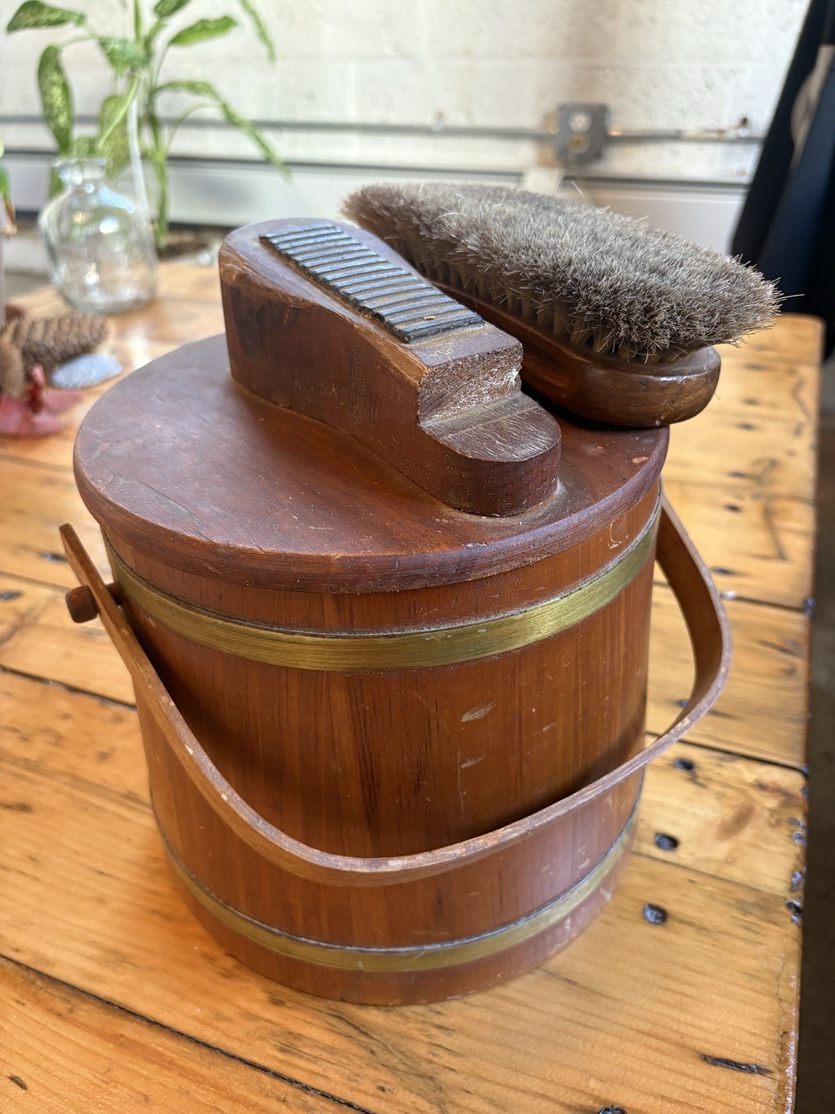 Vintage Wooden Shoe Shine Kit w/ Branded Boot Polish Tins and brushes