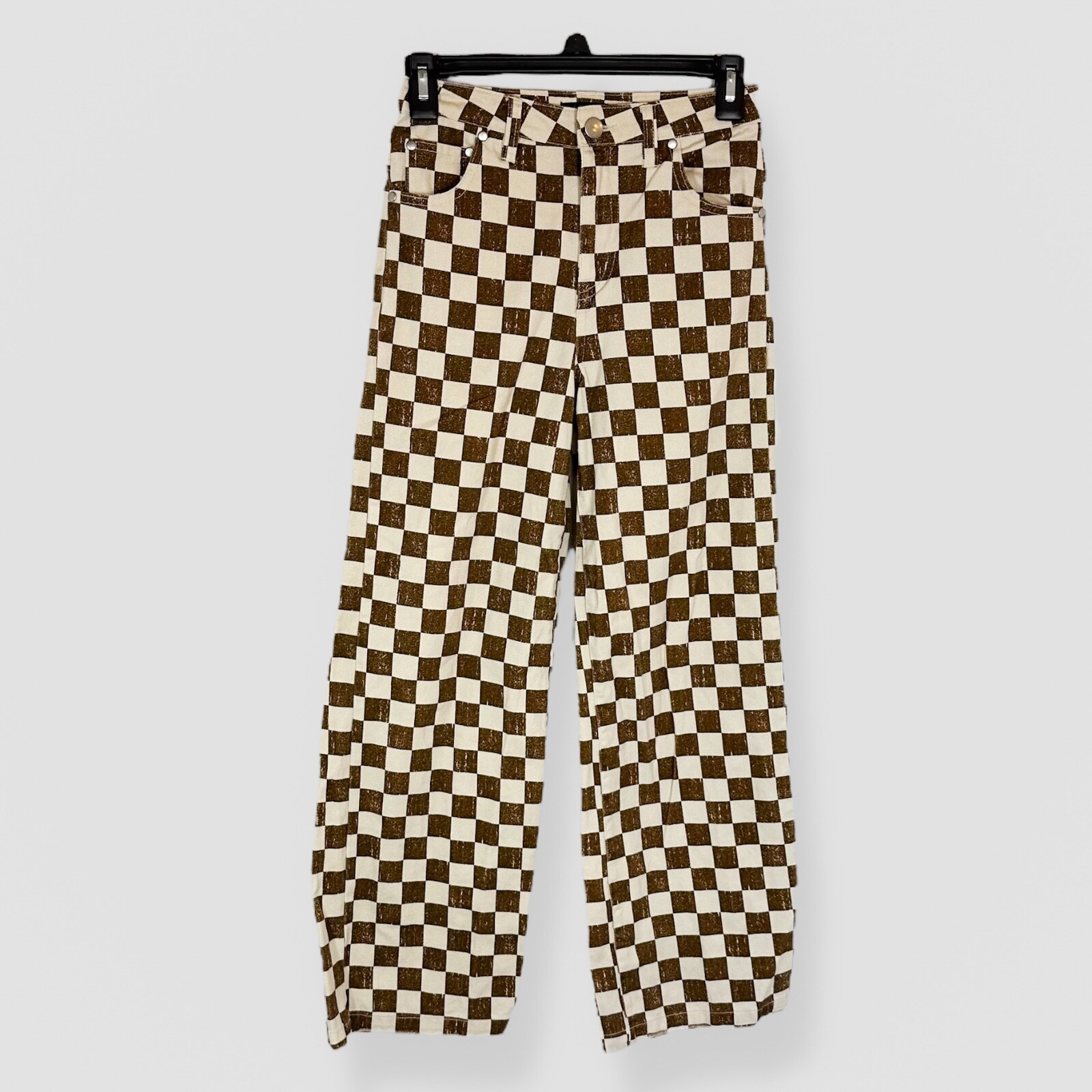 Originality Size Medium Demi Brown & White Checkered High Waist Trousers Y2K