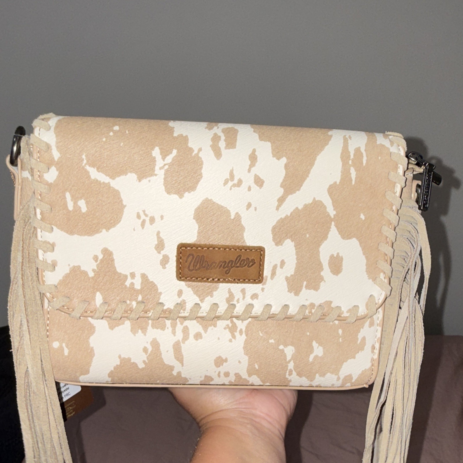 Wrangler Beige/White Cow Print Fringe Small Crossbody Bag, Zip, Strap, Pockets