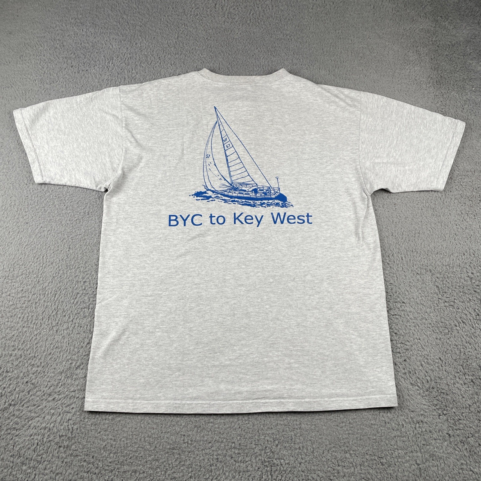 Vtg Anvil Adult Large Gray Henley Shirt BYC To Key West Sail Boat 90s Y2K Tee
