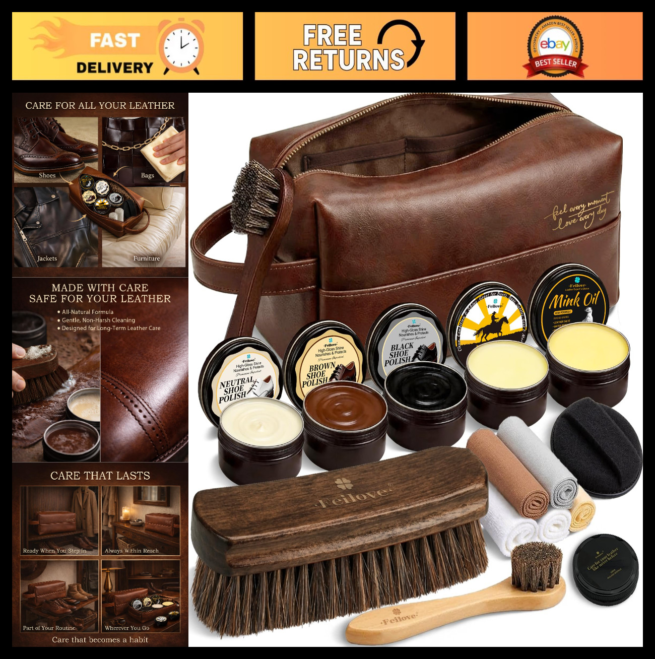 16-in-1 Shoe Care Kit – Leather Polish, Cleaning & Conditioning Set, Brushes & B