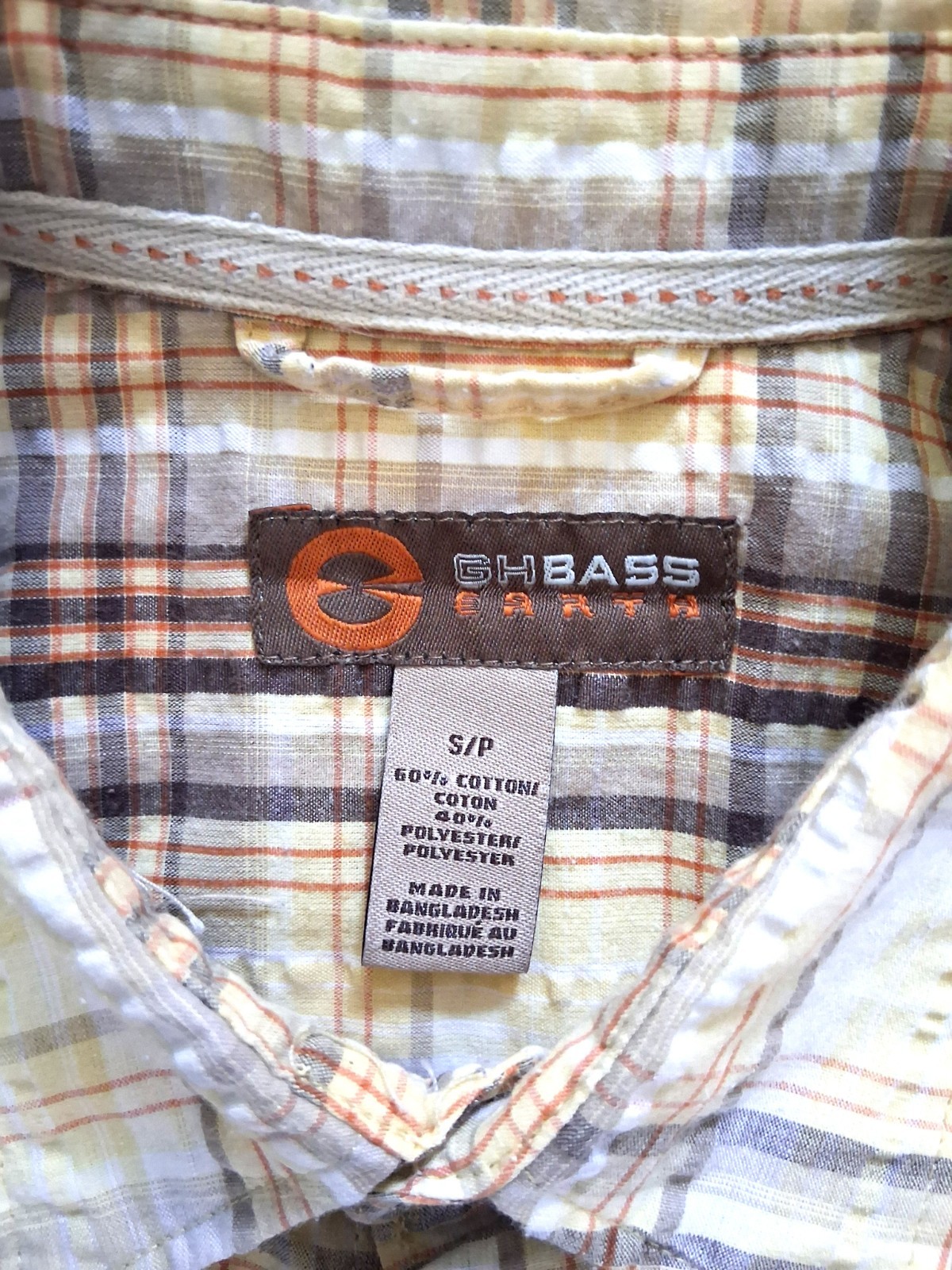 GH Bass Earth Men’s Small Yellow Plaid Seersucker Short Sleeve Button Up Shirt