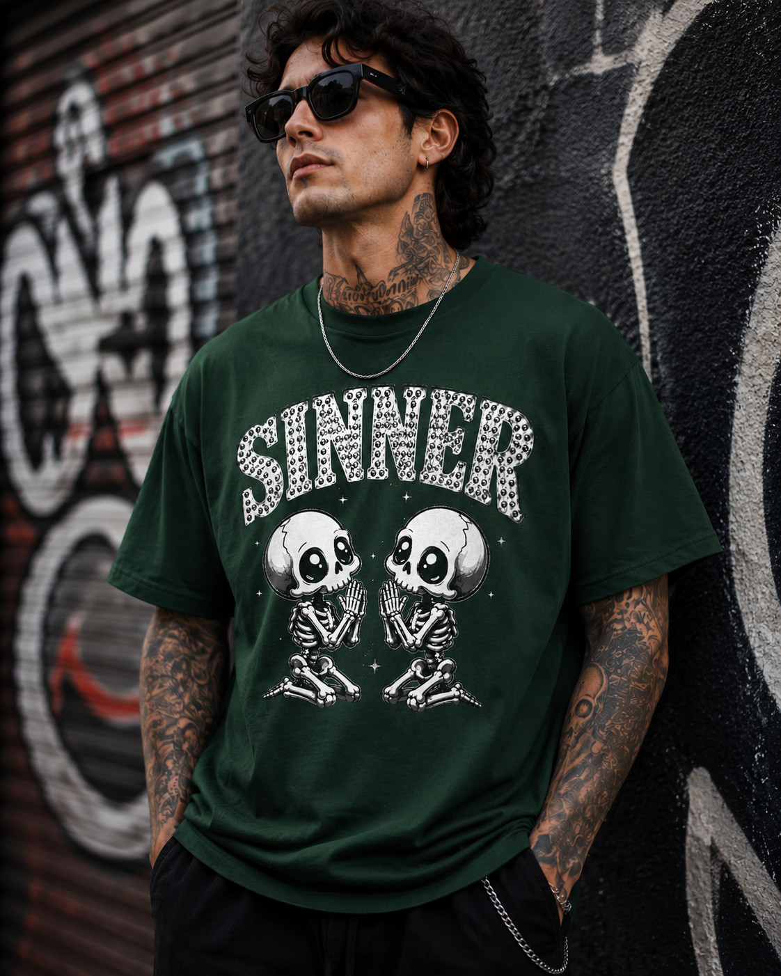 Sinner Skulls Praying Skate & Hip Hop Streetwear T Men’s Big Tall Tee Shirt
