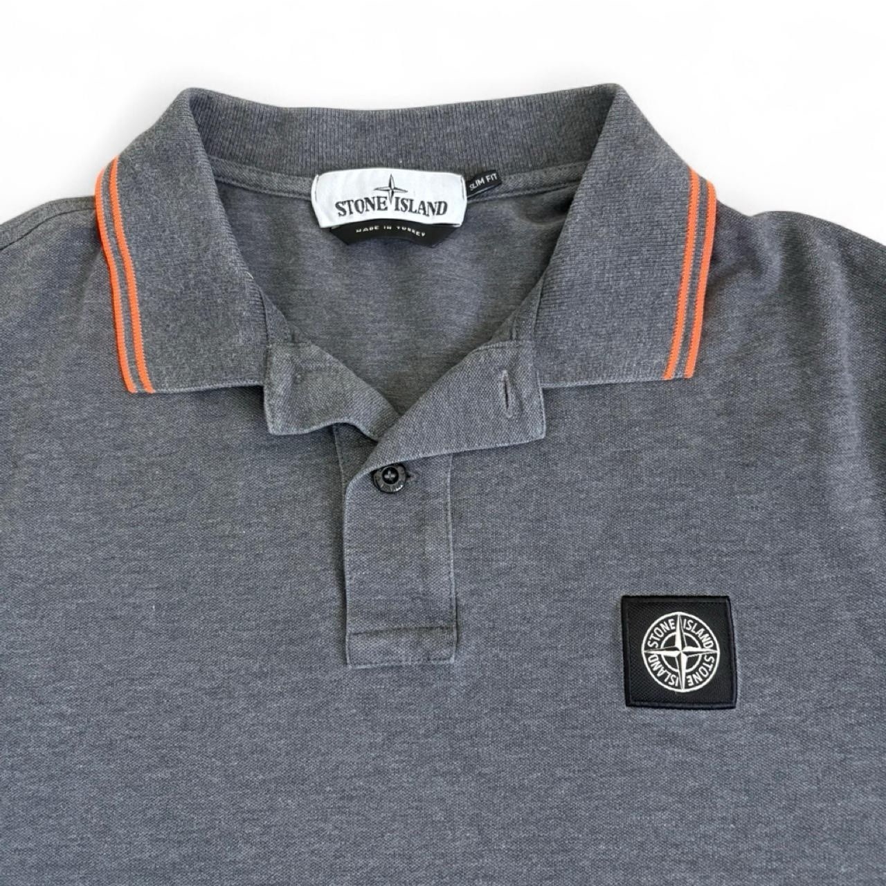 Men’s Stone Island Patch Charcoal Grey Orange Stripe Collared Polo Slim Fit M/L