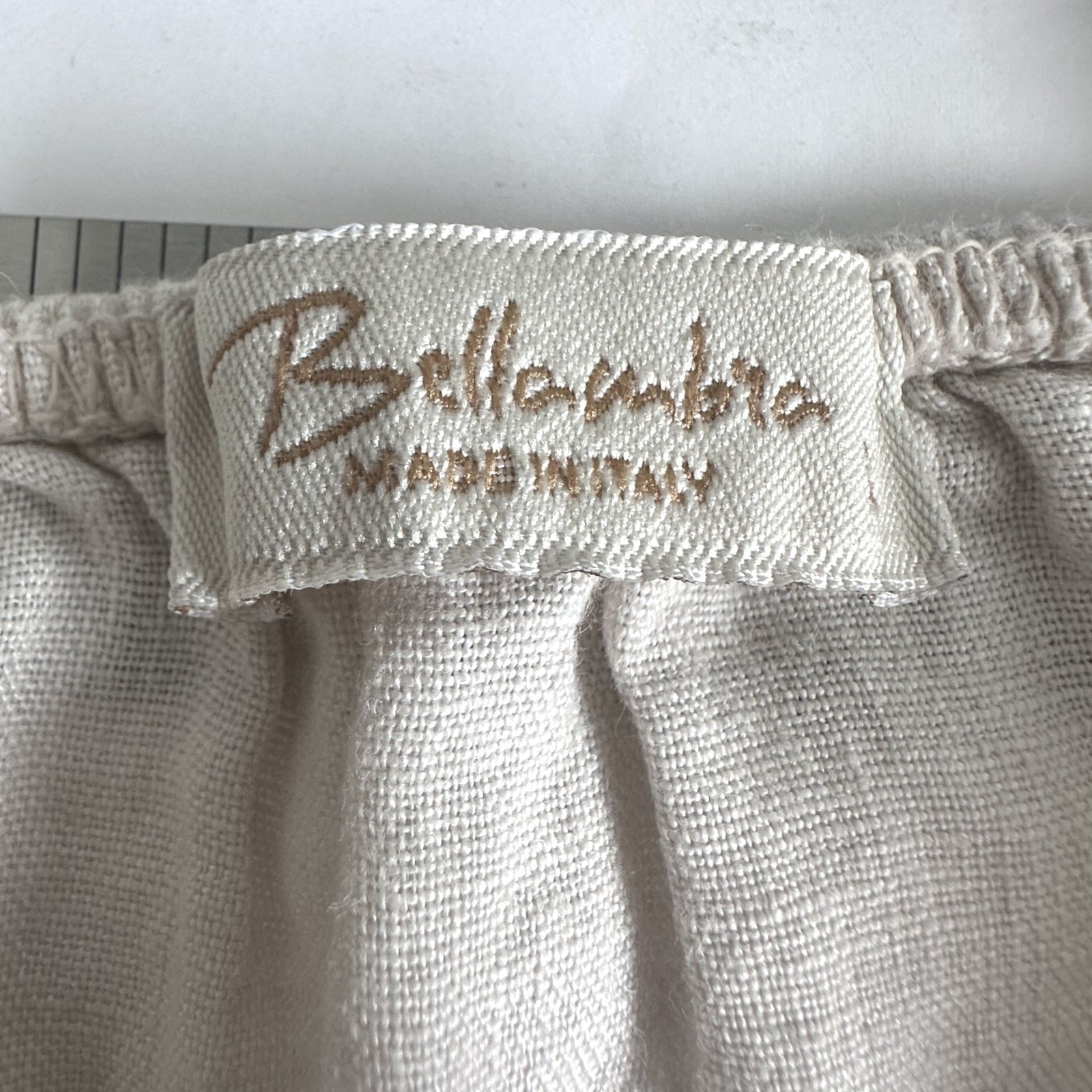 BELLAMBRA Minimalist Euro Summer Angelcore 100% Linen Beige Flounce Dress L READ