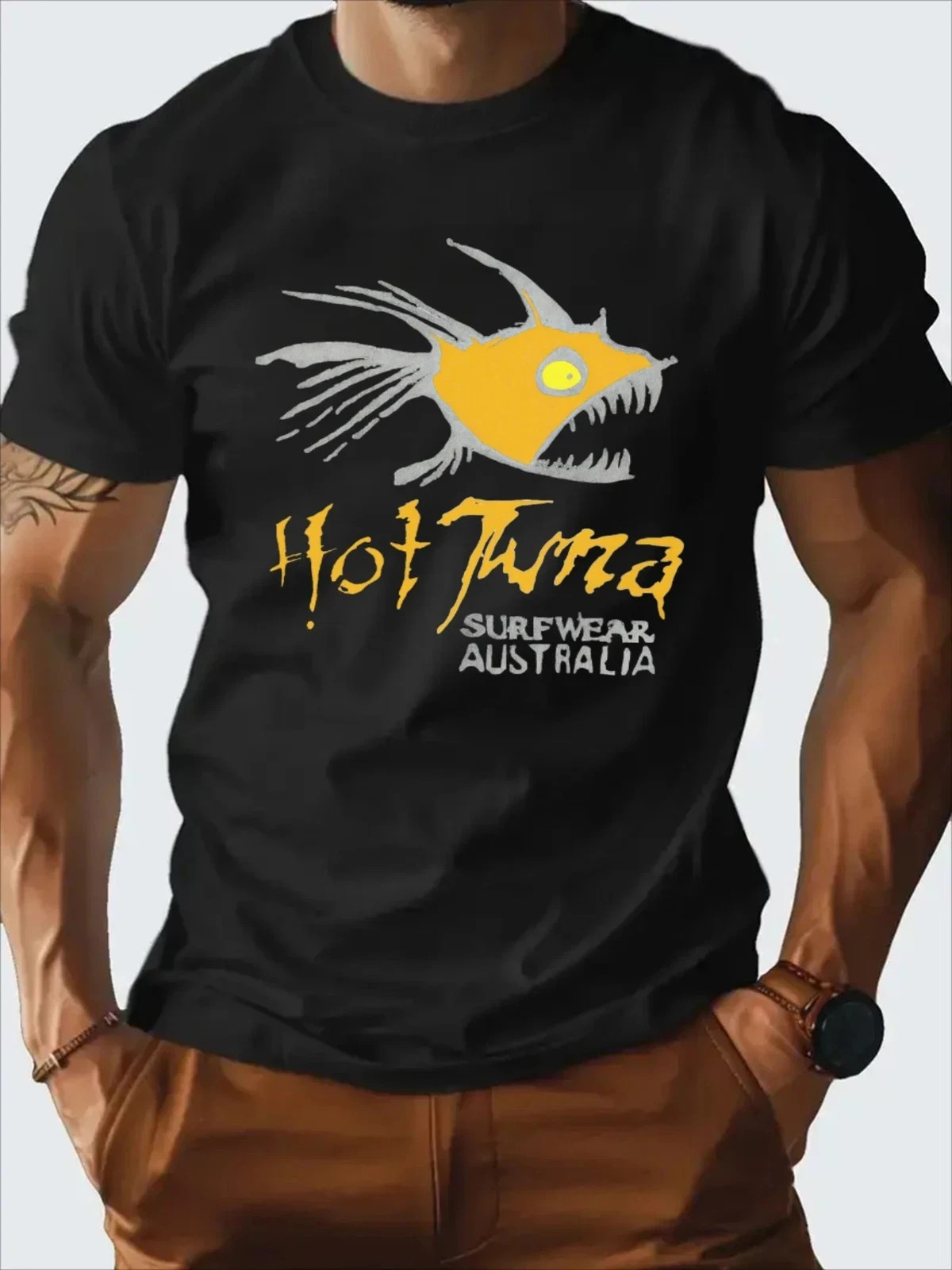 Men’s Hot Tuna Surf Graphic T-Shirt – 100% Cotton, Black Casual Summer Tee with