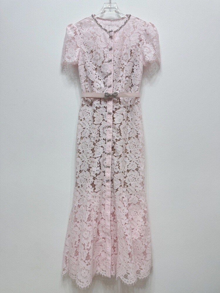 Self-Portrait Bow tie pink Lace Dress Round collar Fishtail evening Dresses