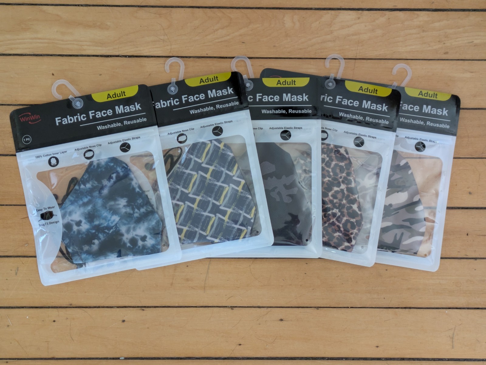 WinWin Five Pack Adult Fabric Washable Reusable Face Masks NEW Wholesale Lot