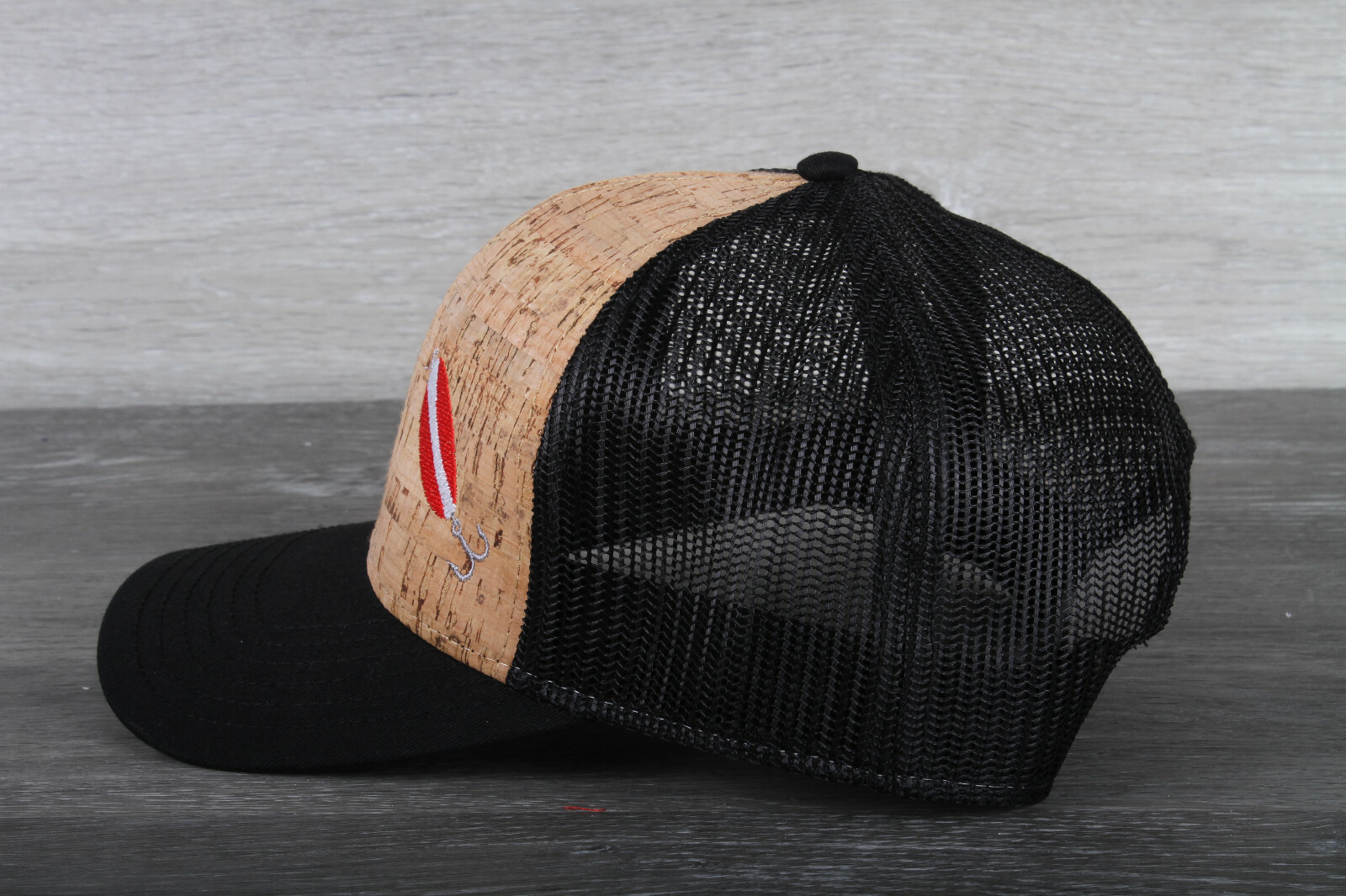 Fishing Lure Embroidered on an Otto 6 Panel Cork Mesh Back Hat