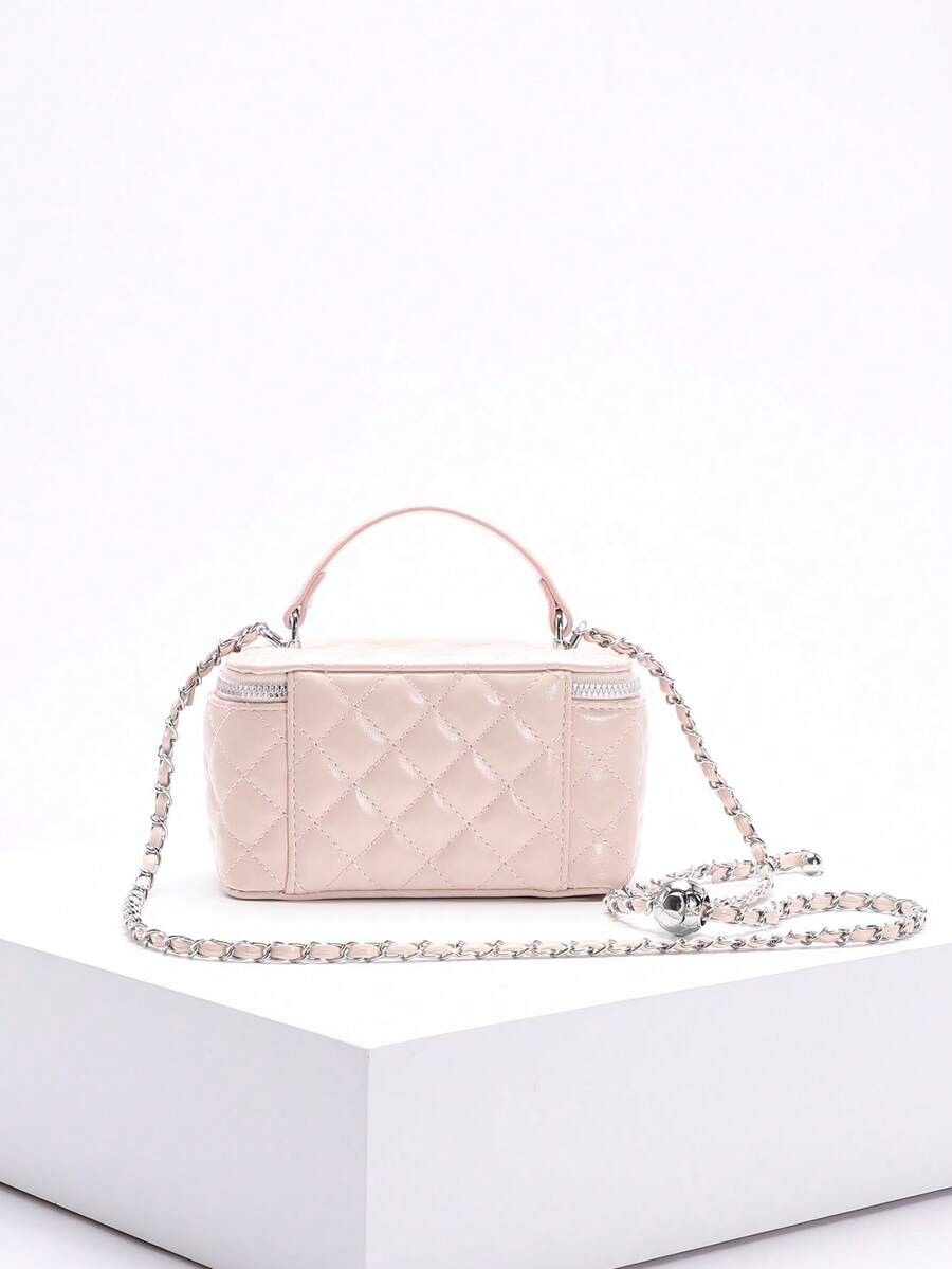 Fashionable Quilted Box Bag Plain Mini Crossbody Chain Strap Zipper Purse