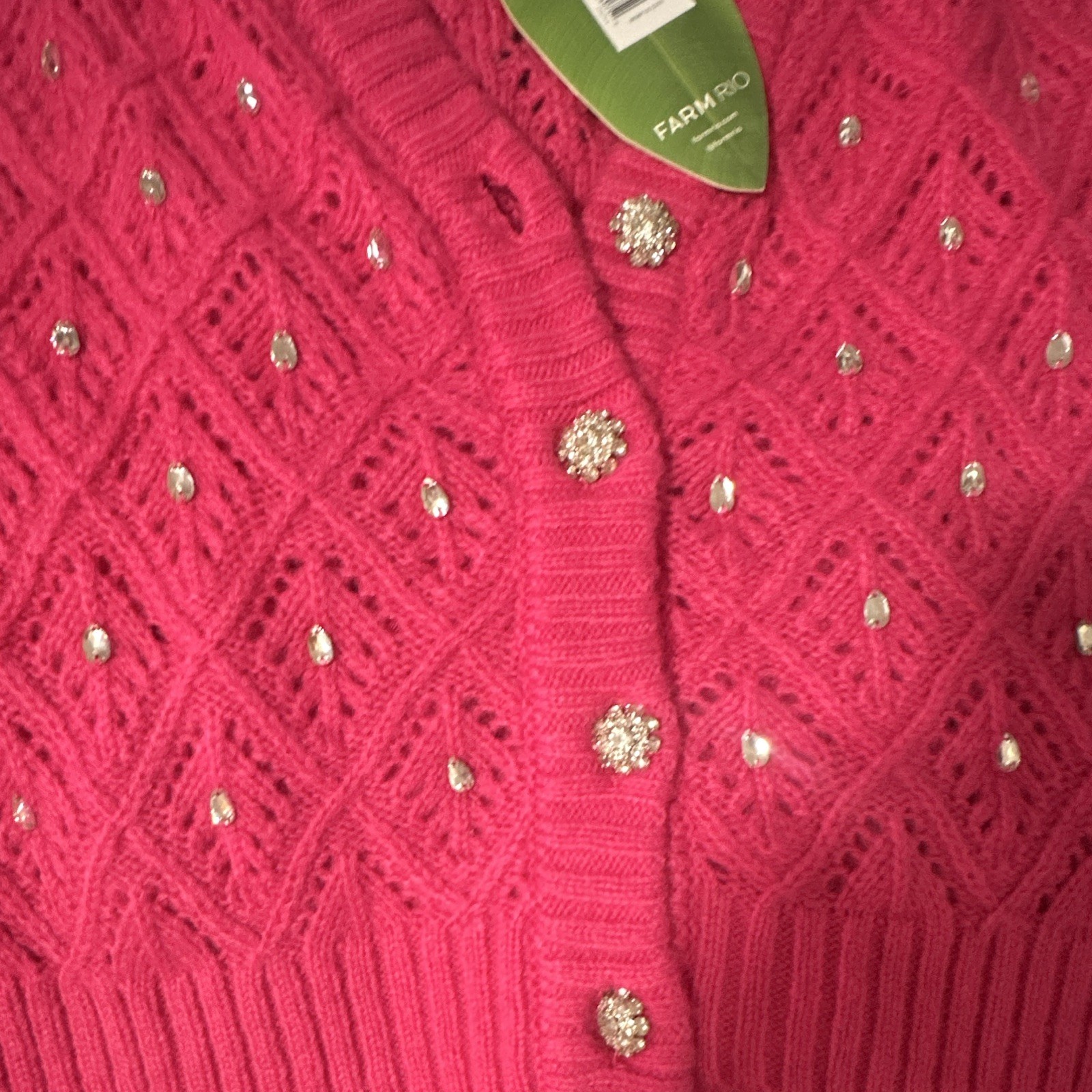 FARM Rio Pink Jeweled Knit V-Neck Button-Front Cardigan Sweater Women’s L