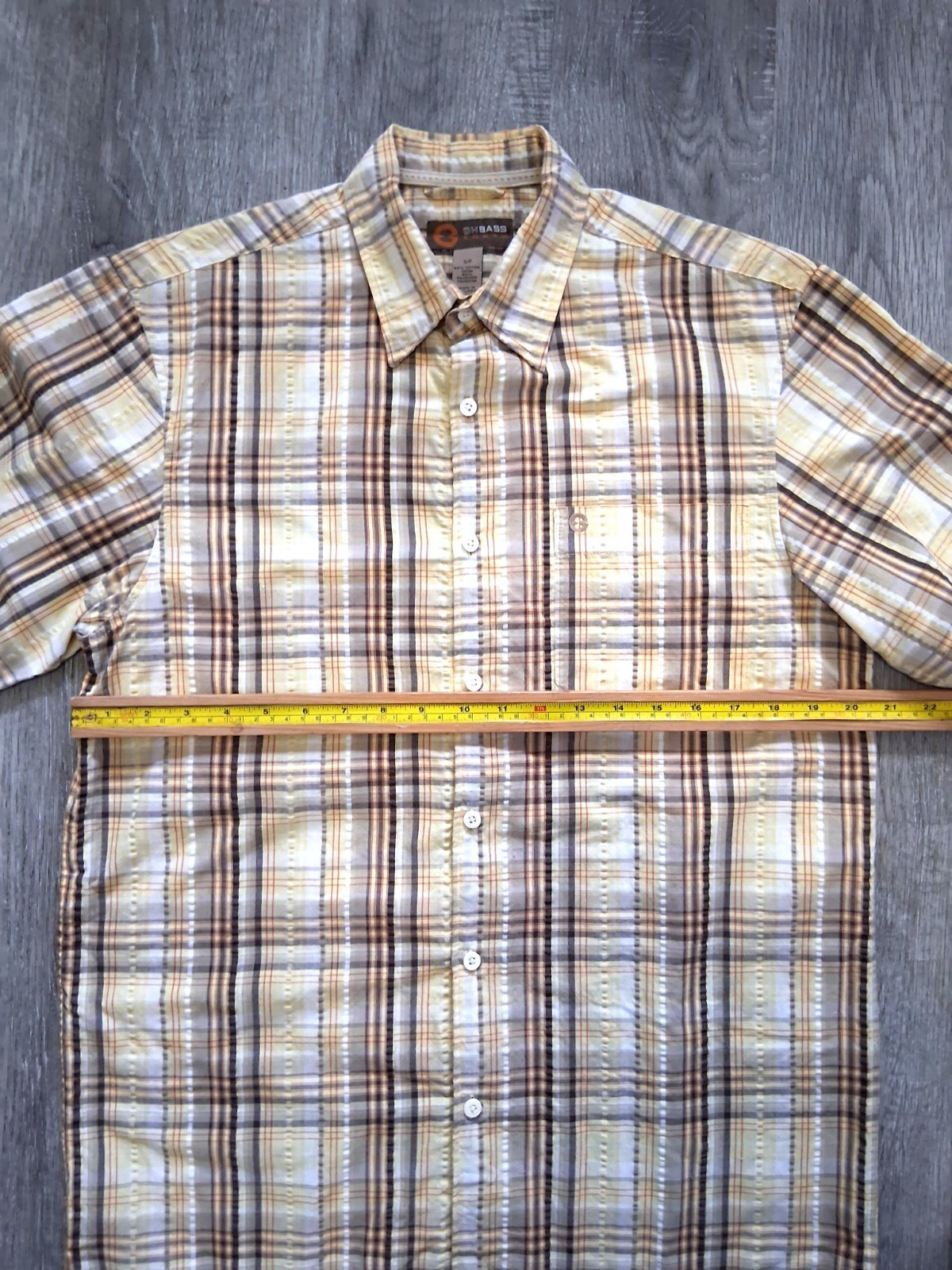 GH Bass Earth Men’s Small Yellow Plaid Seersucker Short Sleeve Button Up Shirt