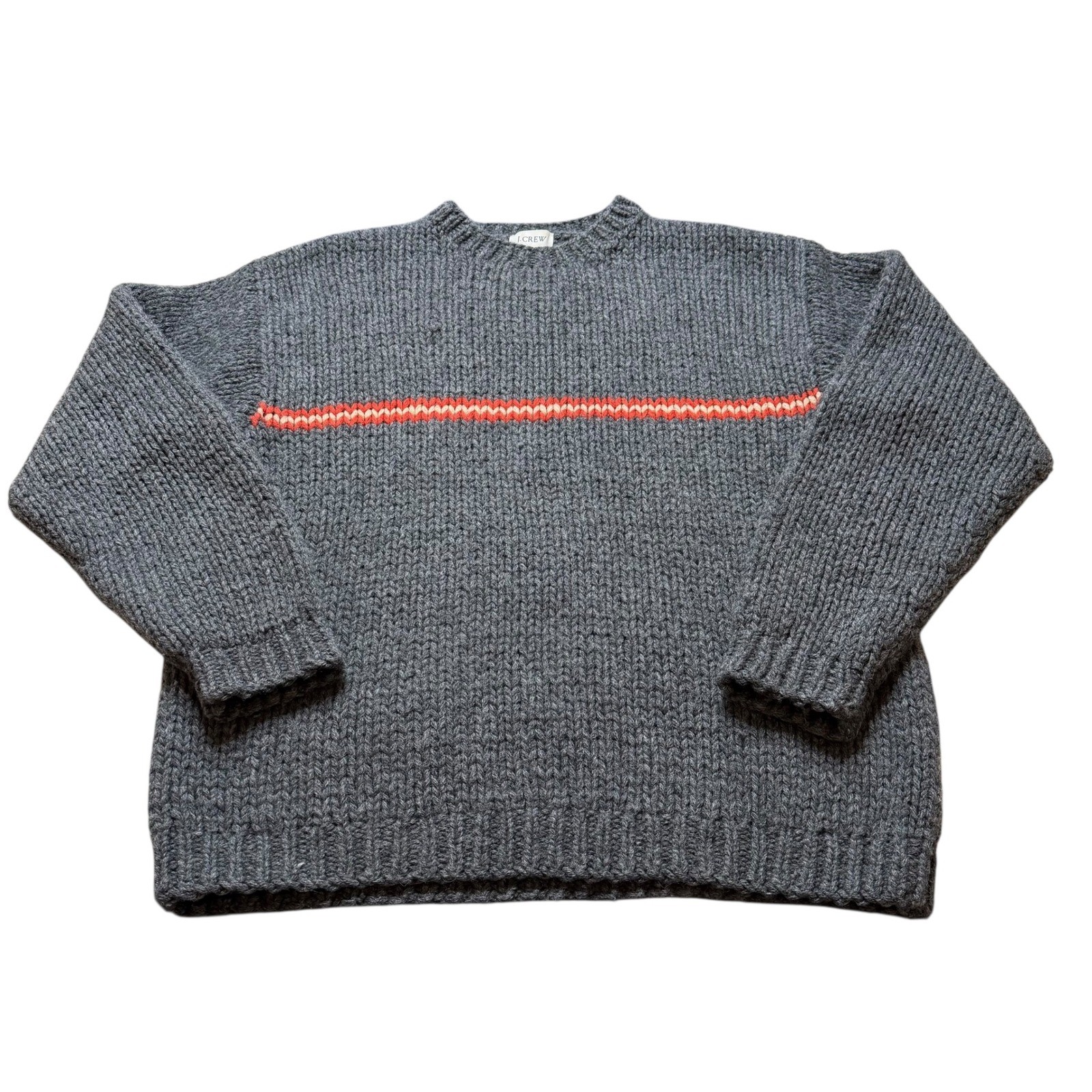 J.Crew Mens Hand Knit 100% Wool Sweater XL Charcoal Grey Orange Stripe Vintage