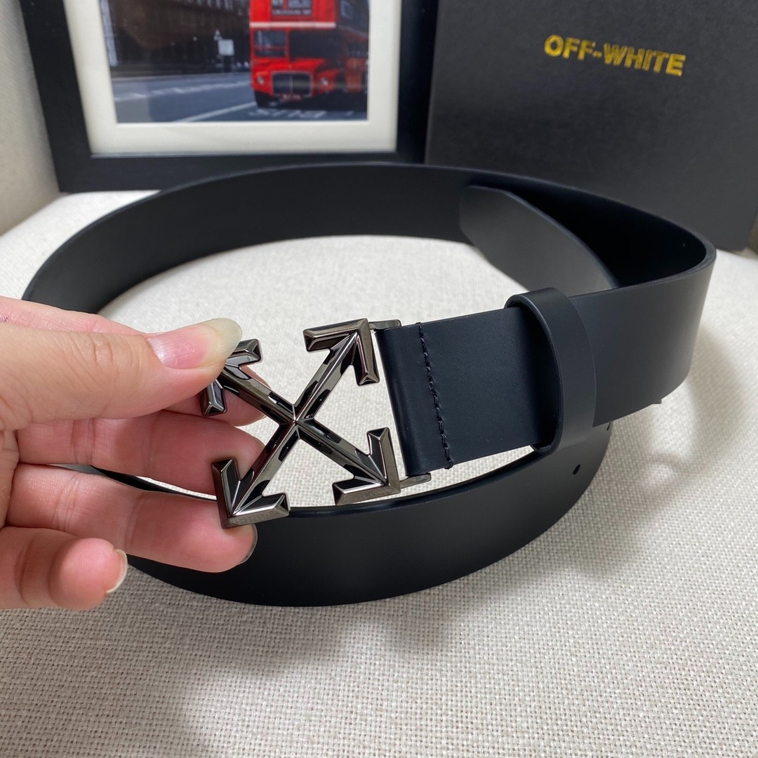 Authentic Off-White Men’s Leather Belt 3.8cm/1.5″ Width Dark Black/New