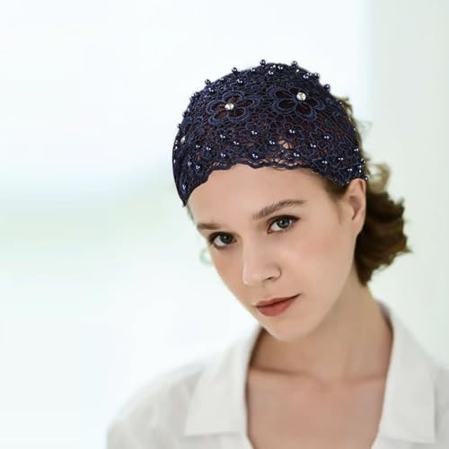 4 Pcs Wide Lace Headband for Women,Lace Pearl Hollow Elastic Headwrap,Boho