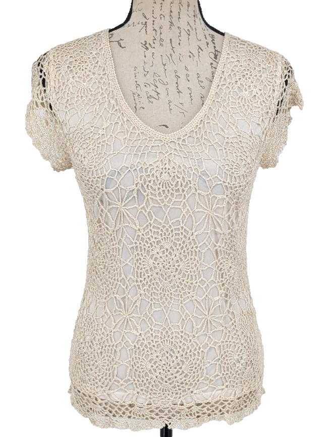 Y2K Formal Fairy Core Tunic/Top Sm Goldish Cream Crochet Overlay Victorian