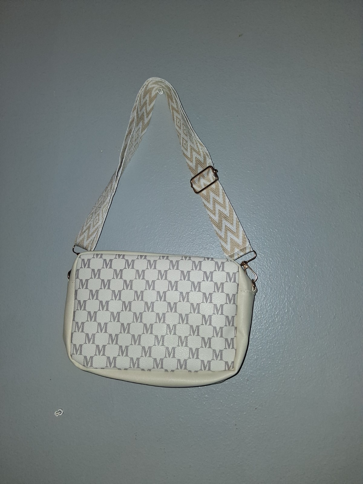 Beige Monogram Crossbody Shoulder Bag Zip Closure Adjustable Strap Gold