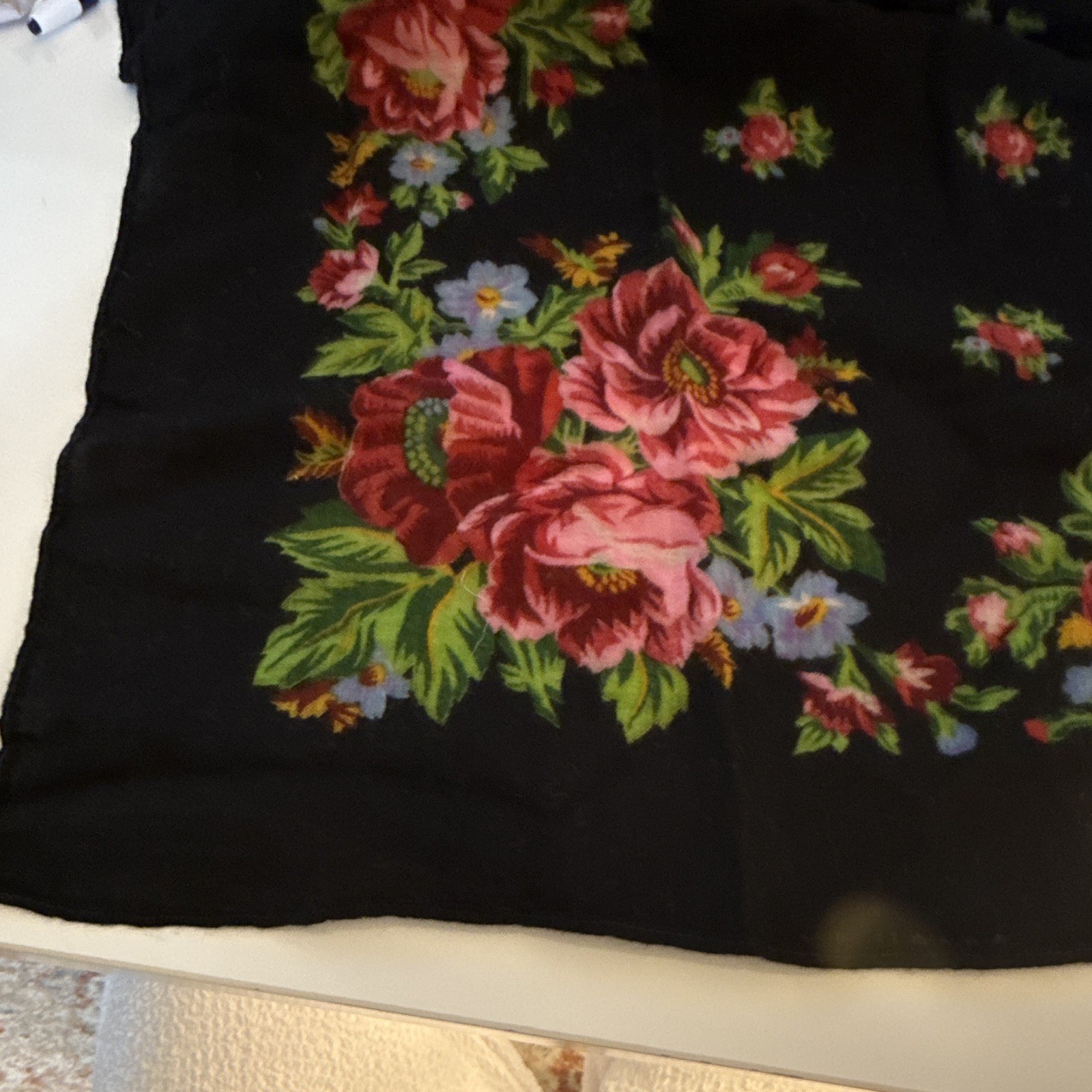 Black Floral Rose Print Square Scarf Wrap with Fringe – Women’s