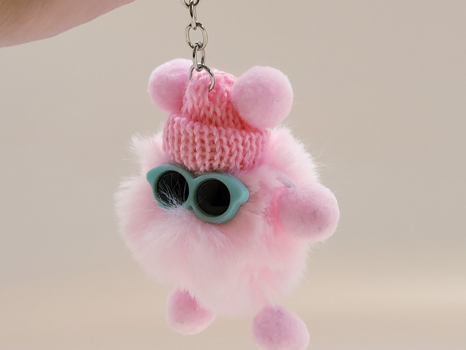 Cute Fluffy Pink Pom Pom Keychain, Sunnies & Knit Hat Accessories