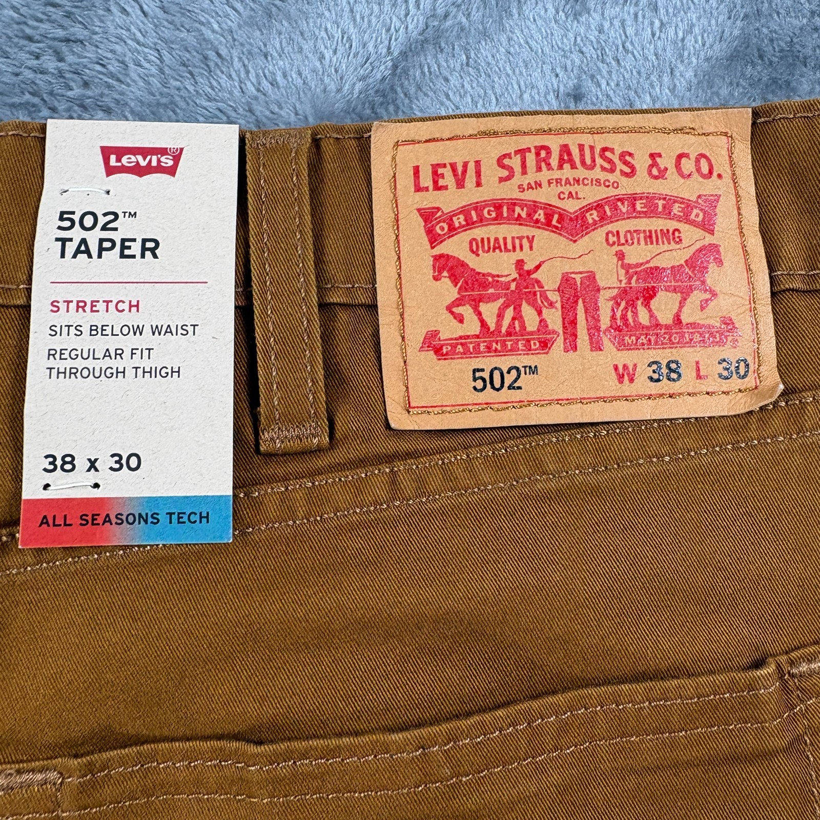 Levis 502 Taper Mens 38×30 Brown Stretch All Seasons Tech Jeans NWT